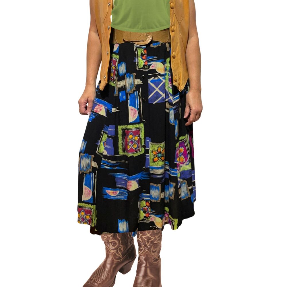 Vintage High Waist Midi Skirt Abstract Floral Print Medium